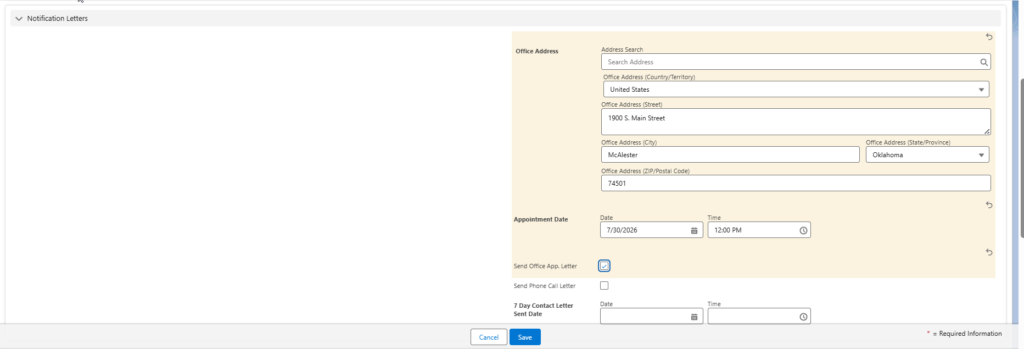Screenshot of notification letters section