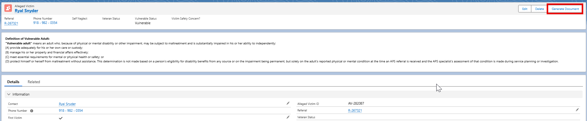 Screenshot of generate document button
