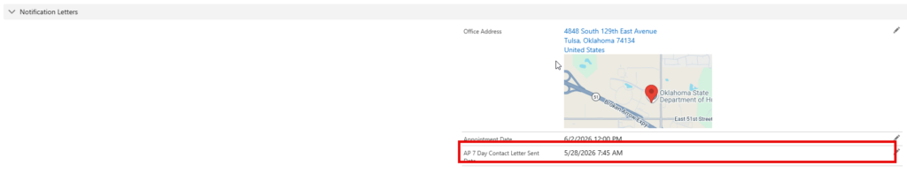 Screenshot of the 7 day contact letter sent field.