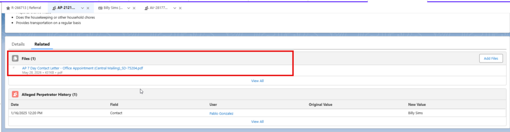 AP tab with 7 day contact letter highlighted under the Files section