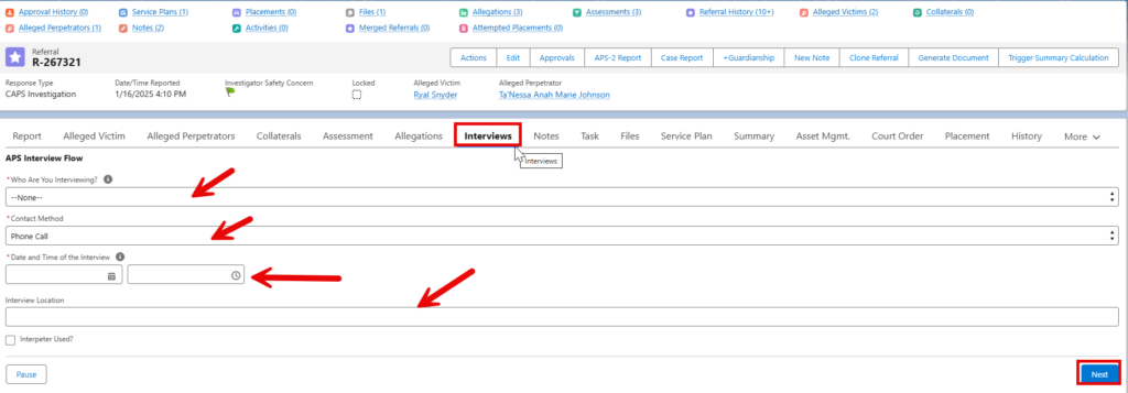 Interviews tab with arrows pointing to form fields mentioned in step 1