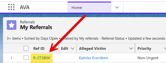 Image of the Home Object and arrow pointing to Referral Number under the My Referrals section.)