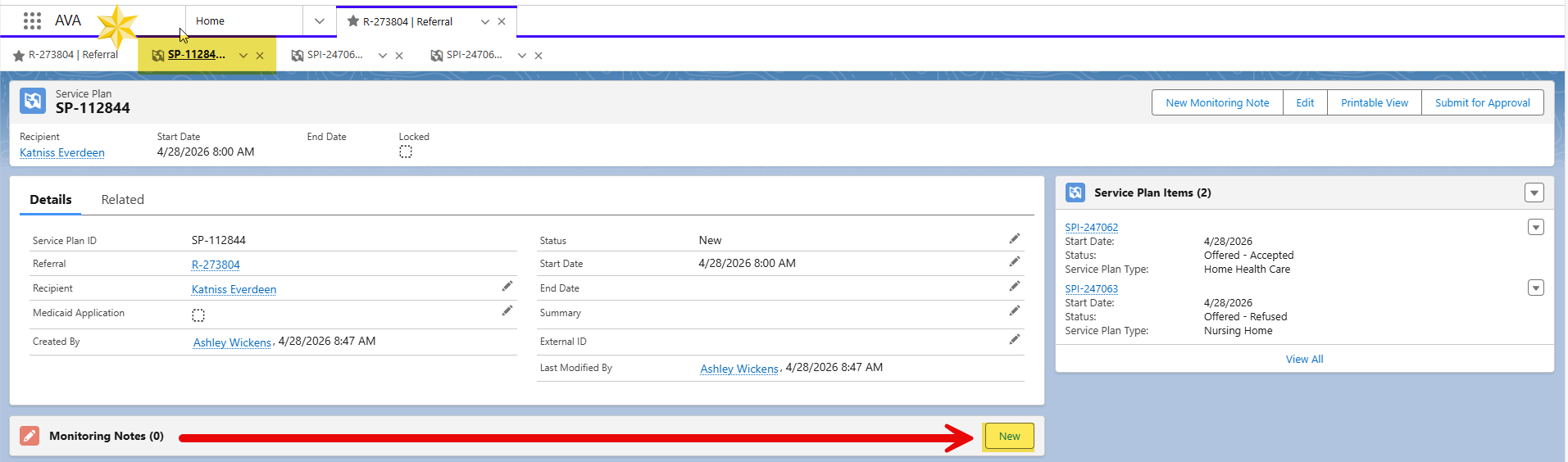 Image of Service plan, including “Cover Page,” Service Plan Items, and red arrow pointing to the New button next to Service Plan Monitoring Notes.