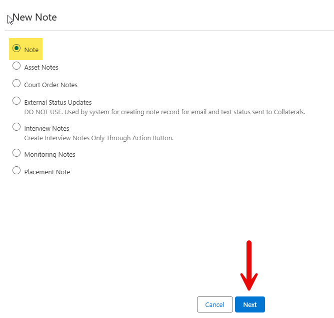 Image of New Note screen with Note selected and red arrow pointing to Next.