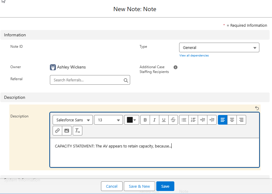 Image of New Note screen with capacity statement typed into the Description field.