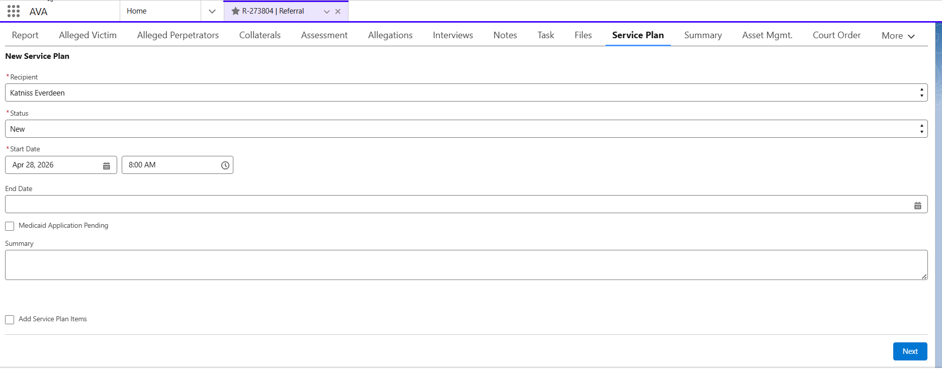 Image of the Service Plan “Cover Page.”