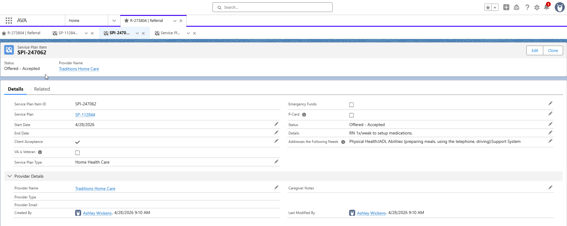 Image of Service Plan Item after saving.
