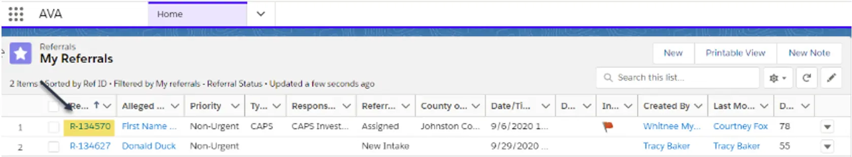 AVA "My Referrals" view. A referral list is visible with a referral ID highlighted.