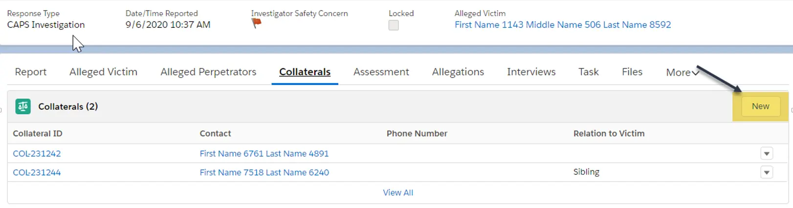 Collaterals tab. The "New" button is highlighted.