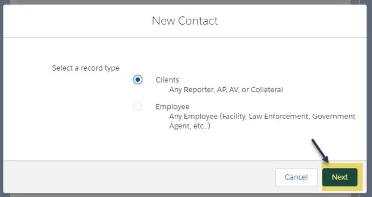 New contact form select. Next button is highlighted.