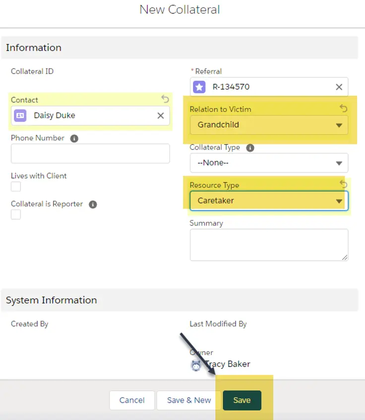 New collateral form - several fields and the save button are highlighted.