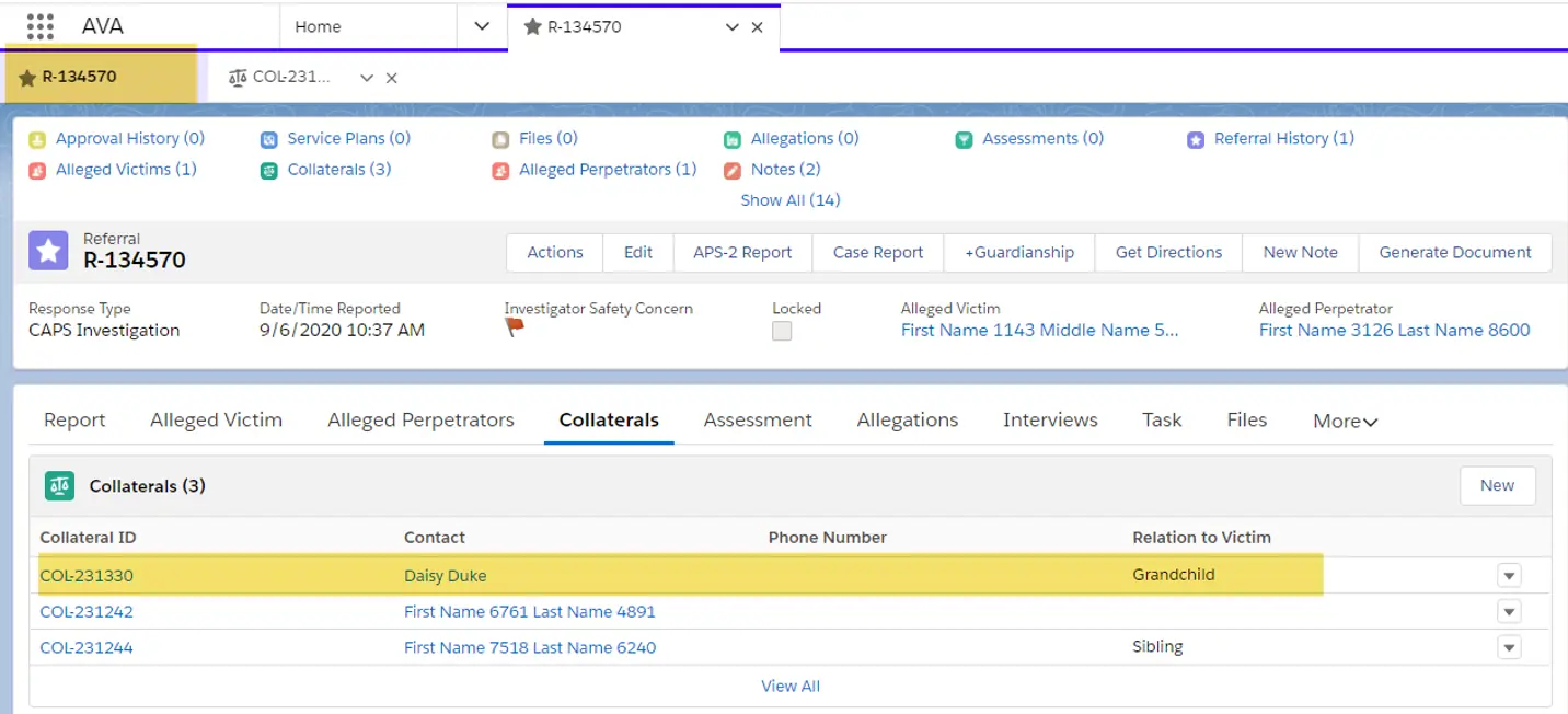 Collateral tab view with a collateral highlighted.