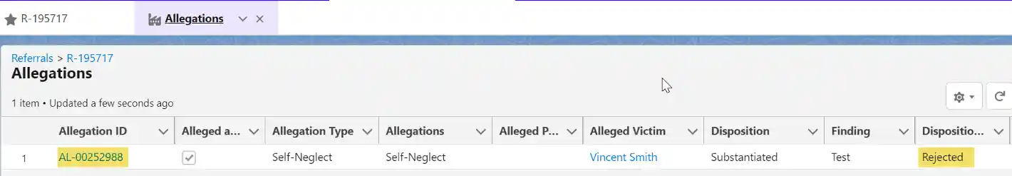 Allegations view with 'rejected' and 'allegation id' selected.