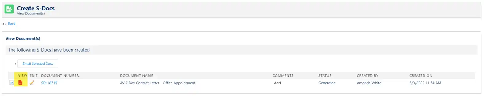 S-Docs view with the PDF icon highlighted.