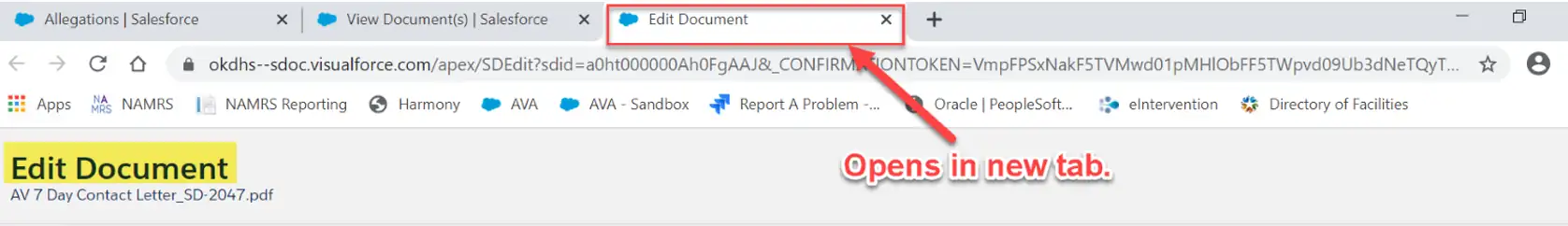 Browser tabs. There's an arrow pointing at "Edit Document" that reads, "Opens in new tab".