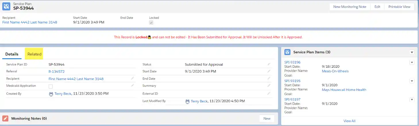 Service plan details view. "Related" tab is highlighted.