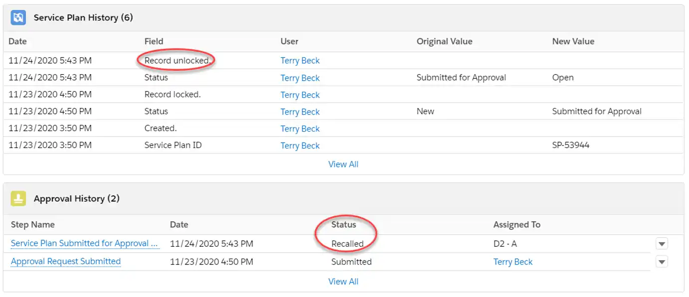 Approval history view for service plans. Reason is circled reads, "Record unlocked" and status under approval history reads "Recalled", which is also circled.