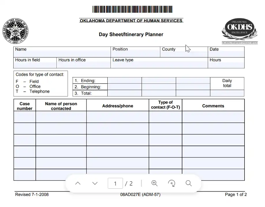 Day sheet / Itinerary planner. (08AD027E ADM-57). Revised 7-1-2008.