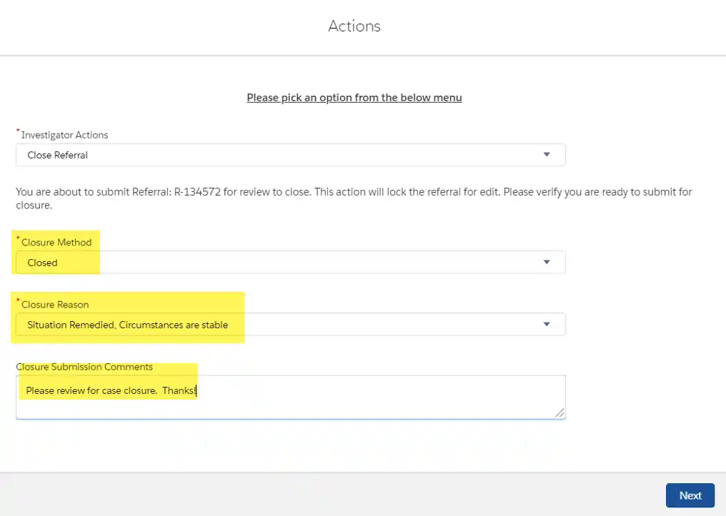 Actions view with the form fields highlighted.