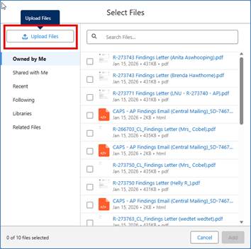 “Select Files” pop up screen