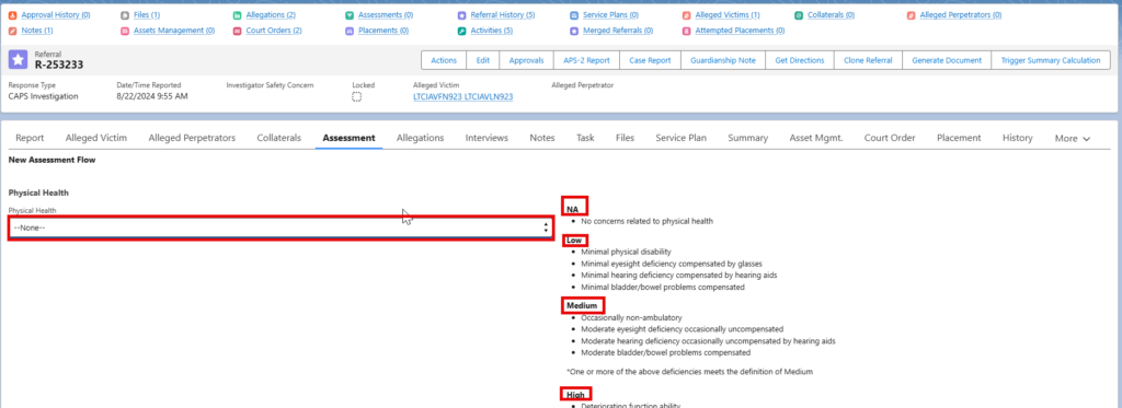 Physical Health page with red boxes around the "None" option under the Physical Health dropdown. Red boxes also highlight the definitions for "NA," "Low," "Medium," and "High" categories that can be selected in the dropdown menu.