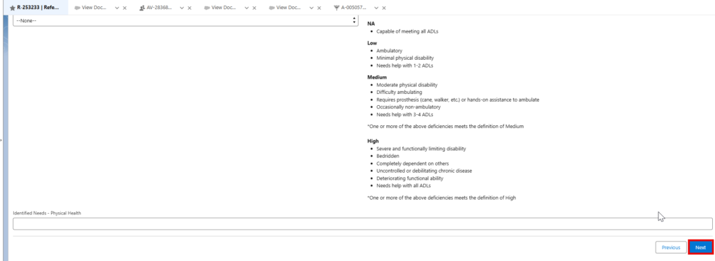 Next button highlighted at bottom of Physical Health page