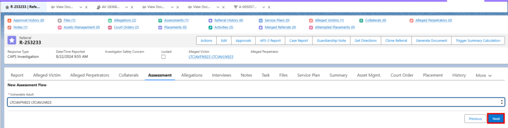 Referral form with Vulnerable Adult picklist with red box highlighting Next button