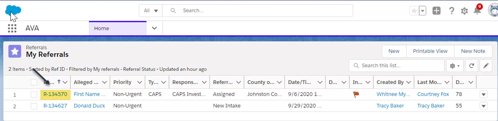"My Referrals" page with arrow pointing to selected form number R-134570