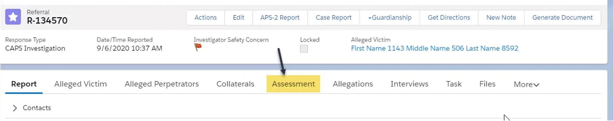 Referral form with arrow pointing to "Assessment" tab