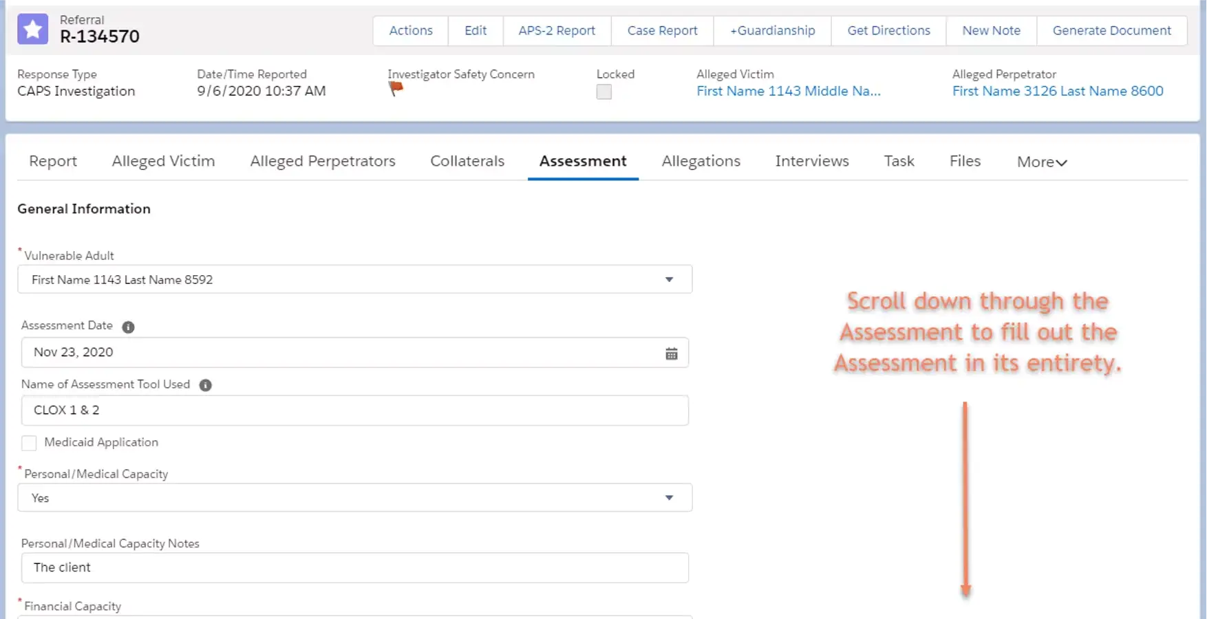 General Information page with red arrow pointing to bottom of page and note that says, "Scroll down through the Assessment to fill out the assessment in its entirety." 