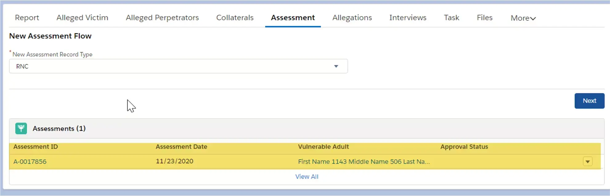 List of assessments with new assessment highlighted
