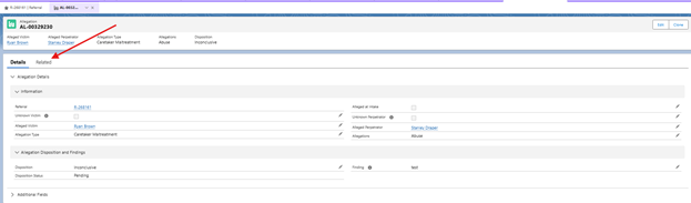 Related Tab within Allegations view to view Allegation History and Approval History