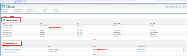 Related Tab within Allegations view to show record has been recalled and unlocked