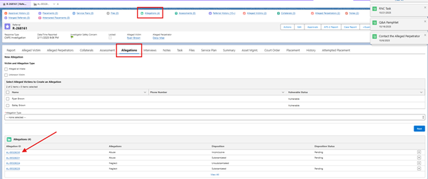 Allegations Quick Link and Tab in AVA to open allegations view