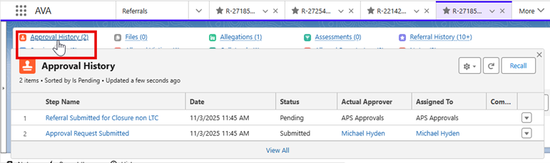Approval History Quick link view showing Approval History of the referral.
