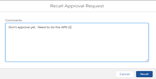 Comment box to add a comment for Recalling Referral.