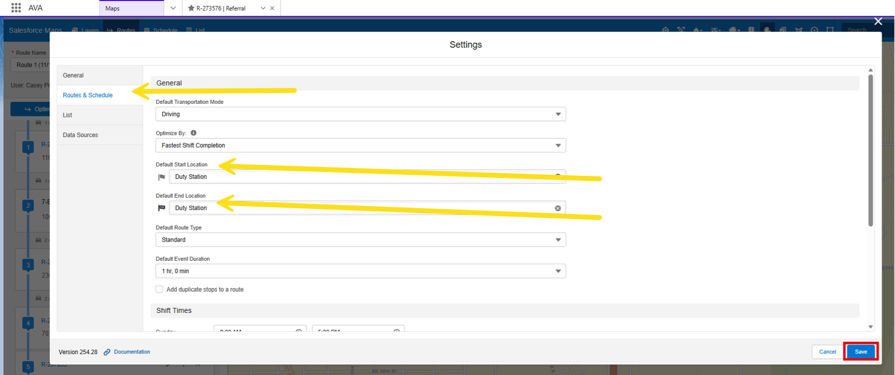 Salesforce Maps “Routes and Locations” window.