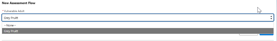 Screenshot of Vulnerable Adult picklist on New Assessment Flow page. 