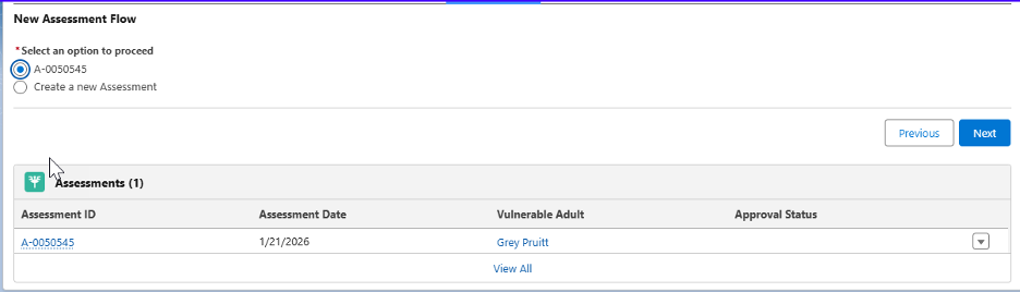 Screen shot of assessment selection on the Assessment tab under New Assessment Flow