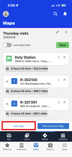 Salesforce mobile app, add a stop