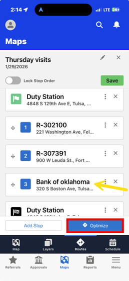 Salesforce mobile app, route with new stop