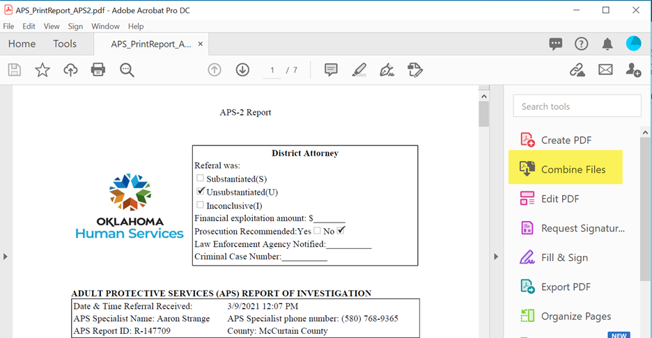 Combine Files highlighted in tools sidebar