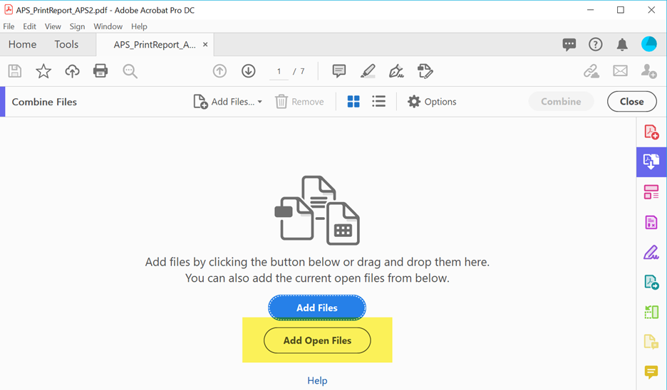 Combine Files screen with "Add Open Files" button highlighted