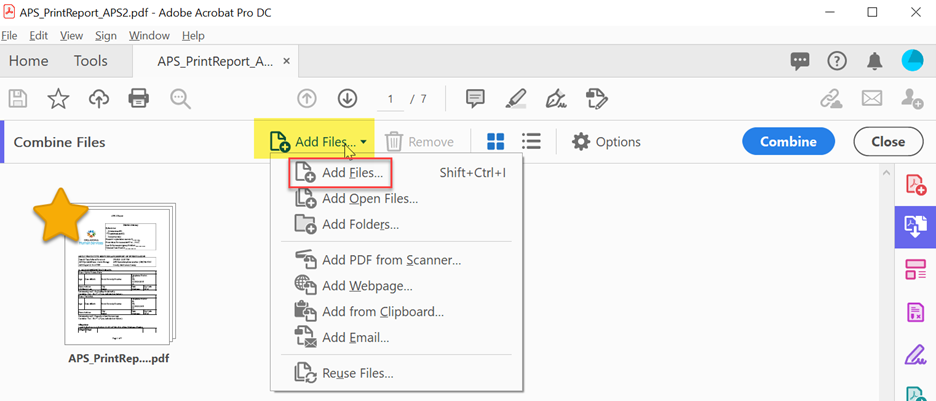 Combine Files screen with "Add Files" dropdown menu open and highlighted