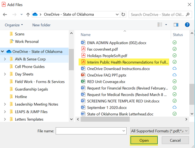 File Explorer window with chosen file and Open button highlighted