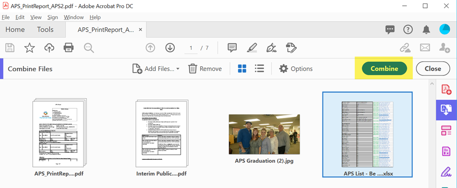 Combine Files screen with all chosen files visible and "Combine" button highlighted