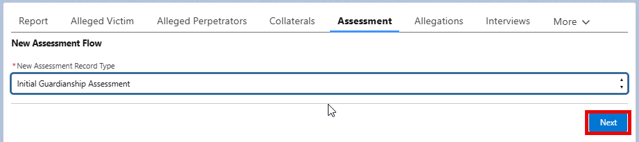 Screenshot of the assessment tab with Initial Guardianship Assessment selected from the picklist.