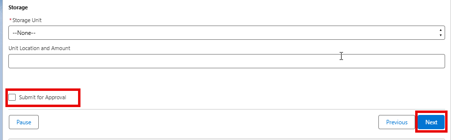 Screenshot of the bottom of the assessment showing the submit for approval checkbox and next.