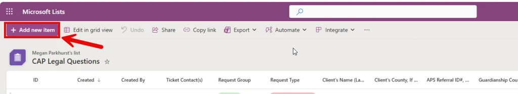 Microsoft Lists window with "Add new Item" button highlighted